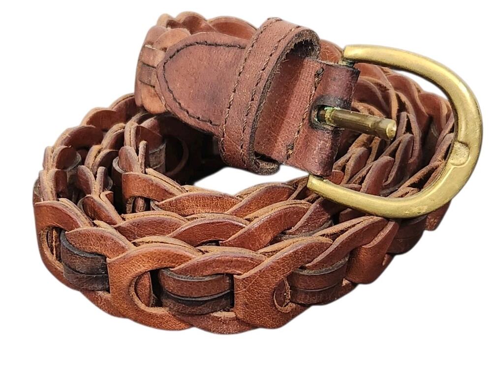 Amiee Lynn Brown Leather Woven Belt Women's Lg Brass Classic Minimalist 38"
